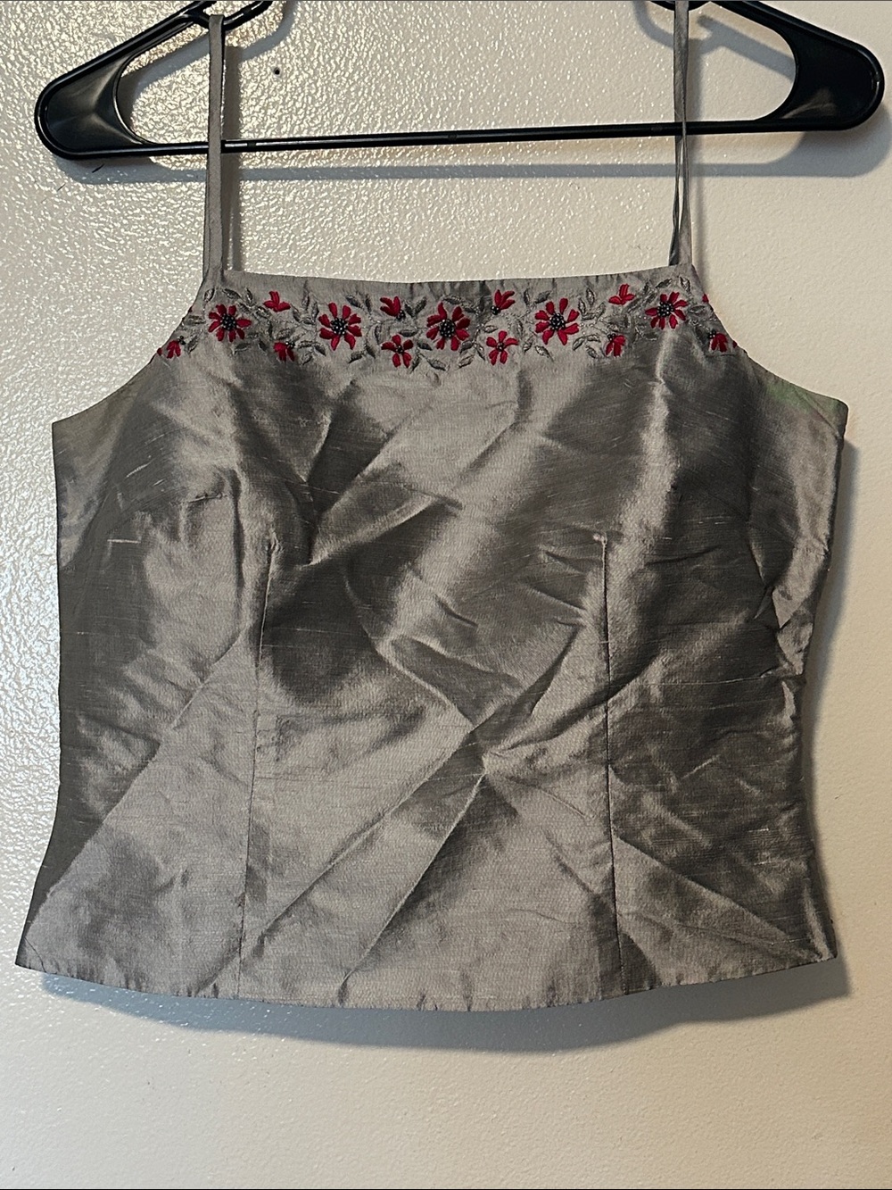 Ann Taylor Silver Embroidered Camisole with Red Floral Detail vintage 90s